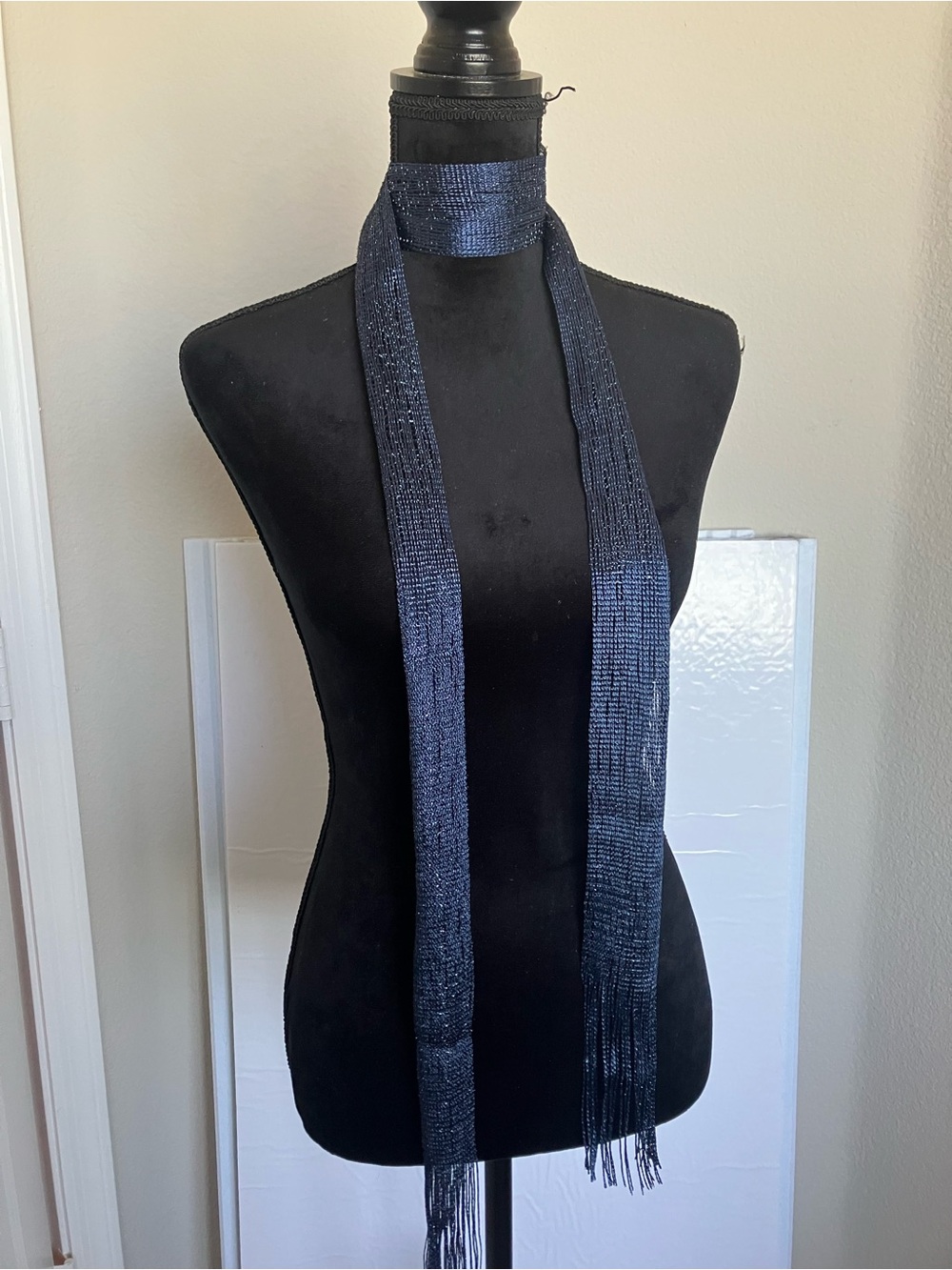 Long Navy Beaded Scarf with Fringe